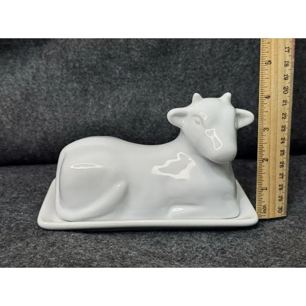 Main St Ceramic Co White Dairy Cow Covered Butter Dish Rustic Farmhouse Country